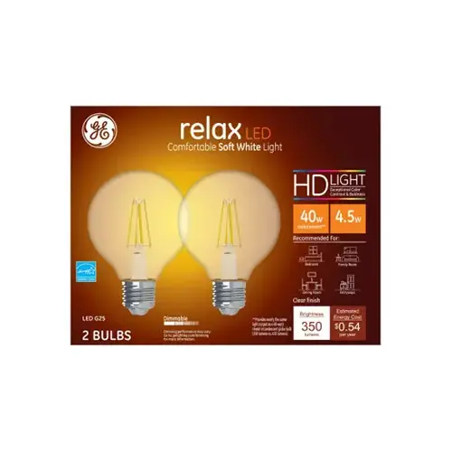 GE Lighting 31536 LED Light Bulbs, G25, Clear Soft White, 350 Lumens, 4.5-Watts Pair