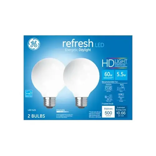 GE Lighting 31709 LED Refresh Globe Light Bulbs, Daylight, 500 Lumens, 5.5-Watts Pair