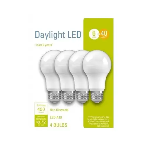 GE Lighting 32583 LED Light Bulbs, A19, Daylight, 450 Lumens, 6-Watts - pack of 4