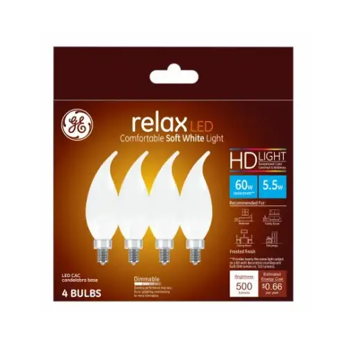 GE Lighting 36986 LED Chandelier Light Bulbs, Candle Shape, Soft White, 500 Lumens, 5.5-Watts - pack of 4
