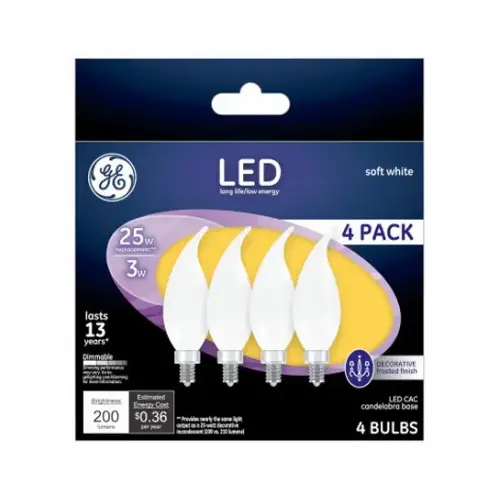 GE Lighting 37319 Decorative LED Light Bulbs, Frosted, Candelabra Base, 2.5-Watts, 200 Lumens - pack of 4