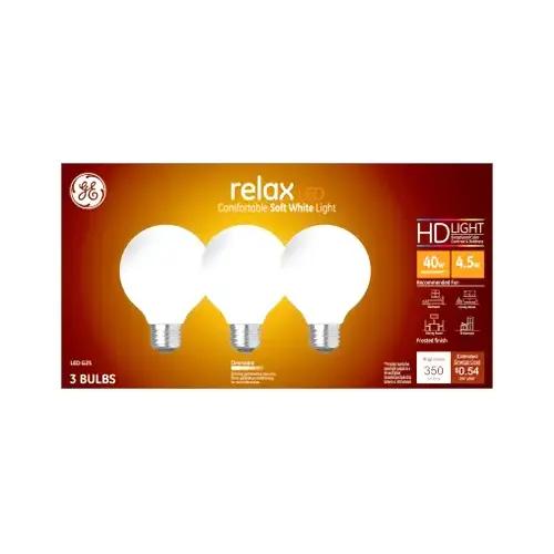 GE Lighting 43269 Relax HD LED Globe Light Bulbs, Soft White, 350 Lumens, 4.5-Watts - pack of 3