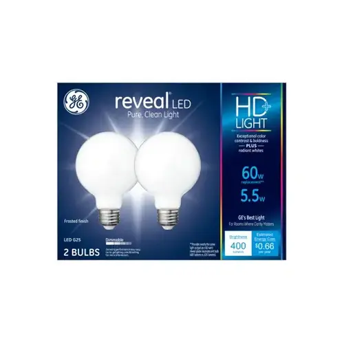 GE Lighting 49514 LED Reveal Globe Light Bulbs, Pure White, 500 Lumens, 5.5-Watts Pair