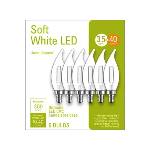 GE Lighting 93116149 LED Deco Light Bulb, Soft White, Candelabra Base, 4-Watts - pack of 6