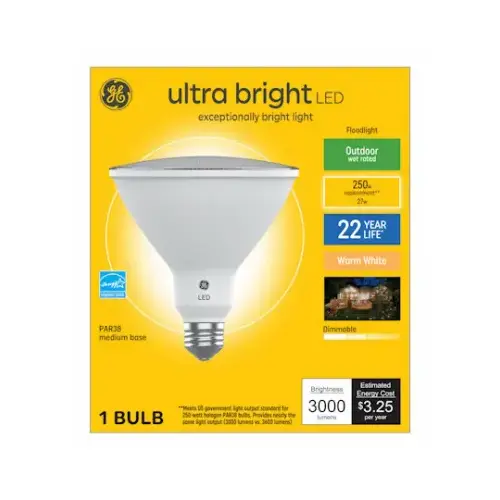 GE Lighting 93130531 LED Outdoor Flood Light Bulb, Par38, Warm White Frosted, 27-Watts, 3000 Lumens