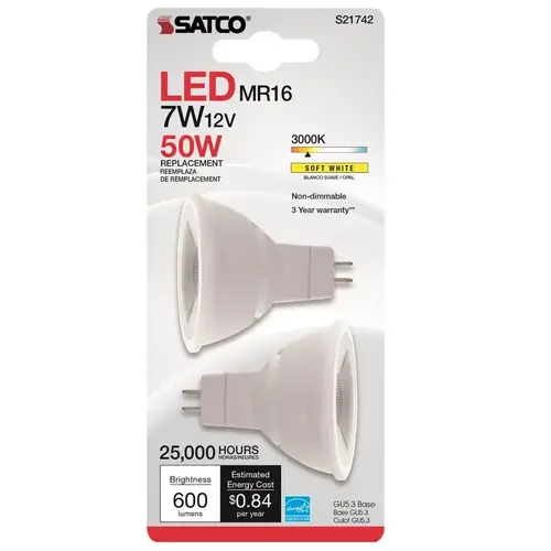 Satco S21742 LED Bulb MR16 GU5.3 Soft White 50 Watt Equivalence Clear Pair
