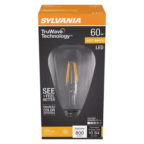 Sylvania 40772 Natural LED Bulb, Decorative, ST19 Lamp, 60 W Equivalent, E26 Lamp Base, Dimmable, Clear