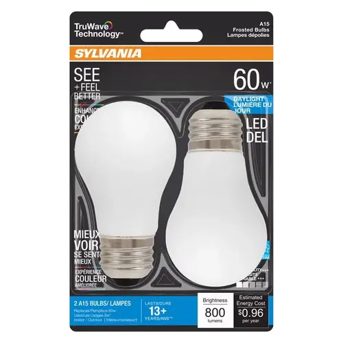 Sylvania 40776 Natural LED Bulb, General Purpose, A15 Lamp, 60 W Equivalent, E26 Lamp Base, Dimmable, Frosted - pack of 2
