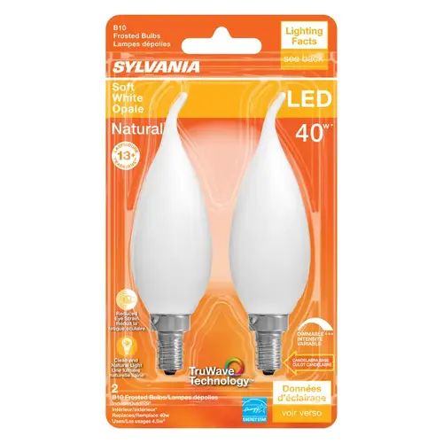 Sylvania 40779 Natural LED Bulb, Decorative, B10 Bent Tip Lamp, 40 W Equivalent, E12 Lamp Base, Dimmable, Frosted Pair