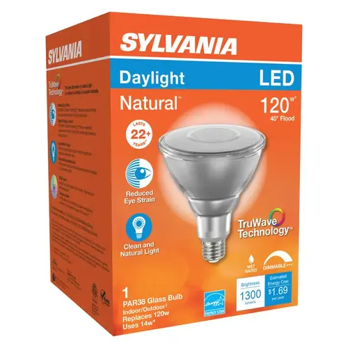 Sylvania 40906 Natural LED Bulb, Spotlight, PAR38 Lamp, 90 W Equivalent, E26 Lamp Base, Dimmable, Clear, Daylight Light Glass