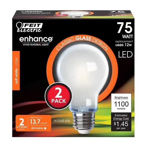 Feit Electric A1975/927CAFIL2 Filament LED Bulb A19 E26 (Medium) Soft White 75 Watt Equivalence Gloss White Pair