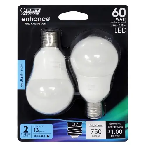 Feit Electric BPA1560N/950CA2-XCP6 LED Bulb, General Purpose, A15 Lamp, 60 W Equivalent, E17 Lamp Base, Dimmable, White  - 2 per pack x6 packs