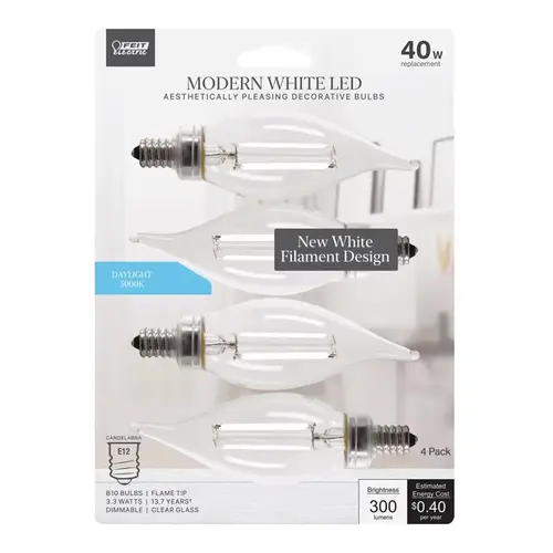Feit Electric BPCFC40950WFIL4 Filament LED Bulb BA10 E12 (Candelabra) Daylight 40 Watt Equivalence Clear