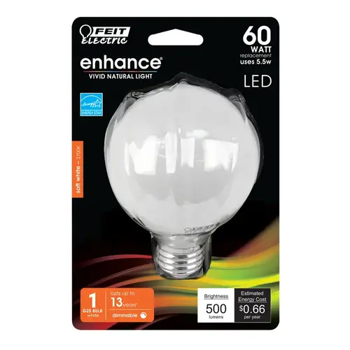 Feit Electric BPG2560W927CAFL L LED Bulb, Globe, G25 Lamp, 60 W Equivalent, E26 Lamp Base, Dimmable, White Clear