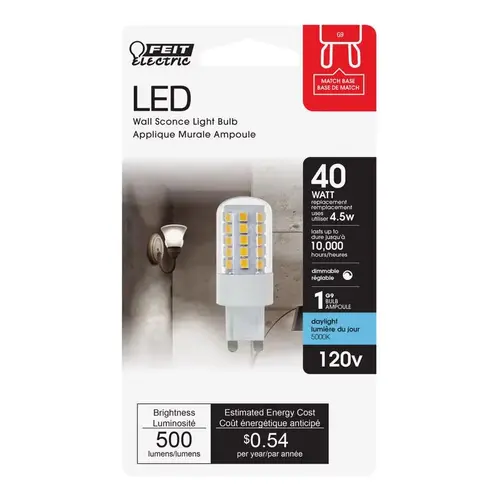 Feit Electric BPG40/850/LED LED Bulb, Specialty, Wedge Lamp, 40 W Equivalent, G9 Lamp Base, Dimmable, Clear Daylight