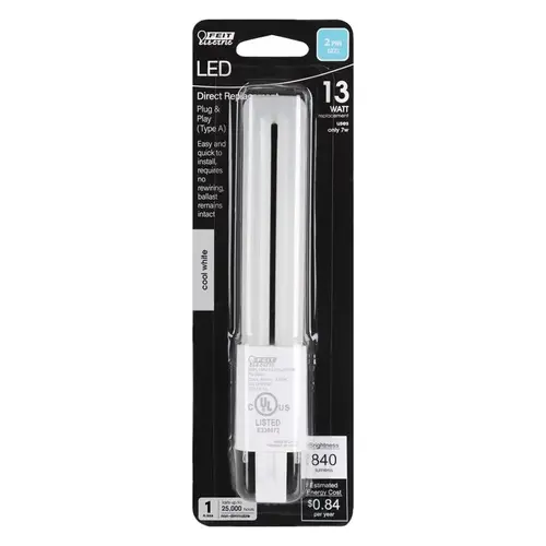 Feit Electric BPPL13/H/840LED-XCP4 LED Bulb, Specialty, 13 W Equivalent, GX23 Lamp Base, Cool White Light, 4000 K Color Temp - pack of 4