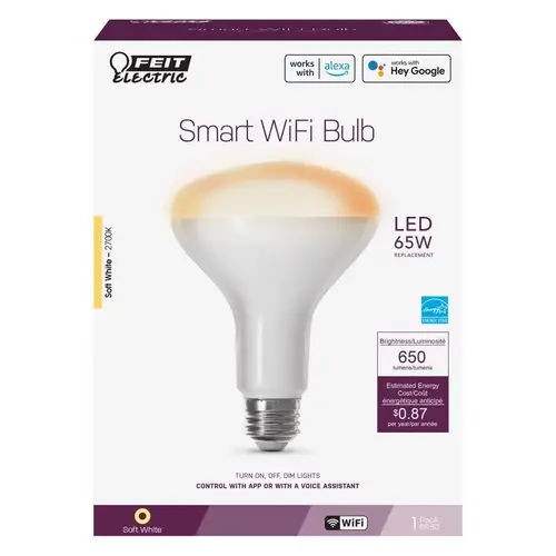 Feit Electric BR30/927CA/AG Smart Bulb, 8 W, Wi-Fi Connectivity: 2.4 GHz, Mobile App/Voice Commands Control Soft White