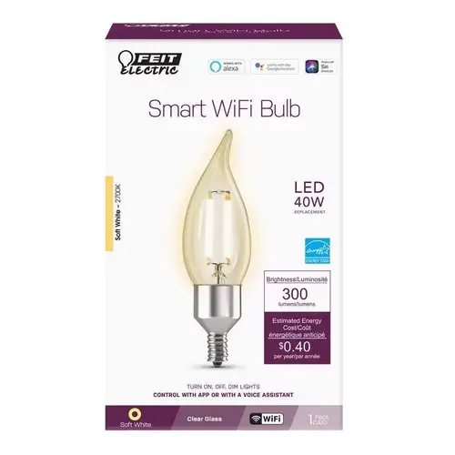 Feit Electric CFC40927CAFILAG G Smart Bulb, 3.3 W, Wi-Fi Connectivity: Yes, Voice Control, E12 Candelabra Lamp Base Soft White