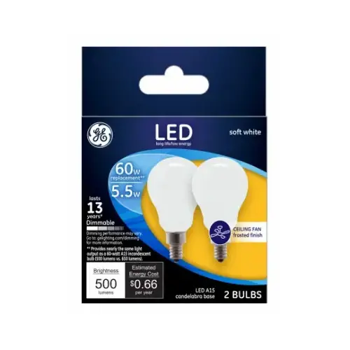 GE 24949 LED Bulb A15 E12 (Candelabra) Soft White 60 W Frosted Pair