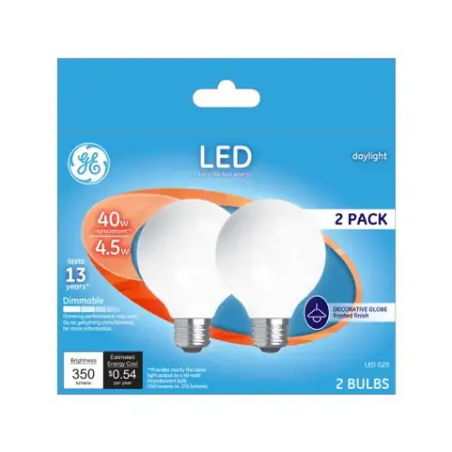 GE 28357 LED Light Bulb G25 E26 (Medium) Daylight 40 Watt Equivalence Frosted Pair
