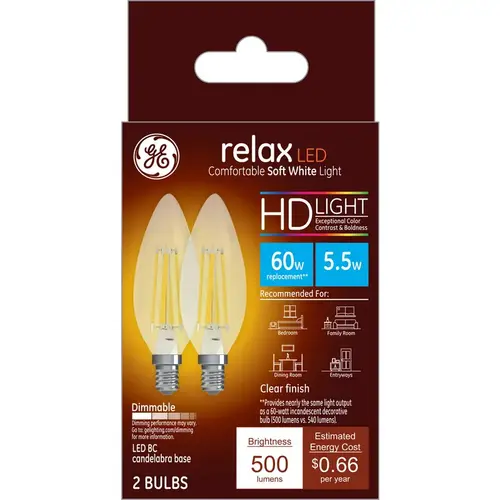 GE 31504 LED Bulb Relax BC E12 (Candelabra) Soft White 60 W Clear Pair
