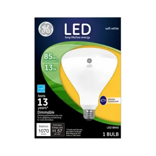 GE 41055 LED Bulb, Flood/Spotlight, BR40 Lamp, 85 W Equivalent, E26 Lamp Base, Dimmable, Soft White Light