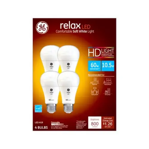 GE 96687 LED Light Bulb Relax HD A19 E26 (Medium) Soft White 60 Watt Equivalence Frosted