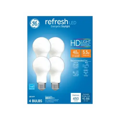 GE 98283 GE LED Bulb, A19 Lamp, 40 W Equivalent, E26 Medium Lamp Base, Dimmable, Frost, Daylight, 5000 K Color Temp Frosted - pack of 4