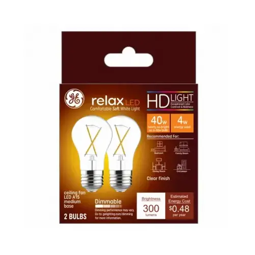 GE Lighting 45672 LED Ceiling Fan Light Bulbs, A15, Soft White, 300 Lumens, 4-Watts Pair