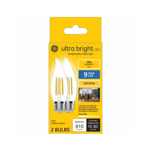 GE Lighting 93124534-XCP4 LED CAC Decorative Light Bulbs, Medium Base, Soft White, Clear, Ultra Bright 7.5-Watts, 2-Pk. - pack of 4
