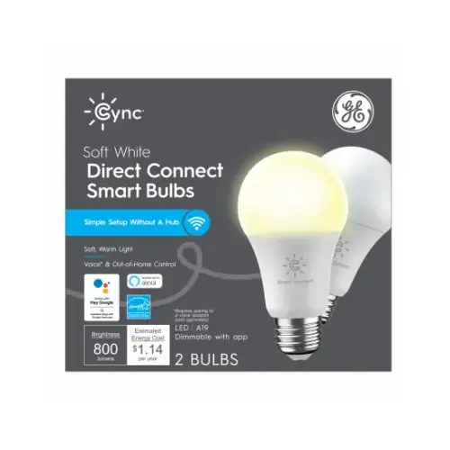 GE Lighting 93128963 Cync Smart LED Light Bulb, Dimmable, Tunable Soft White Color, A19, 9.5-Watts - pair
