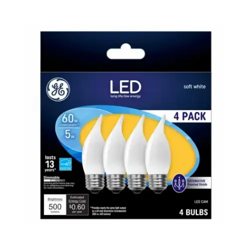 GE Lighting 93129351 LED Flame Shape Light Bulb, Medium Base, Warm White, Frosted, 5 Watt pack of 4