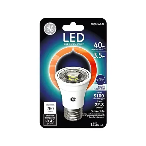 GE Lighting 93129781 LED Flood Light Bulb, Indoor, PAR16, Bright White, 260 Lumens, 3.5-Watts