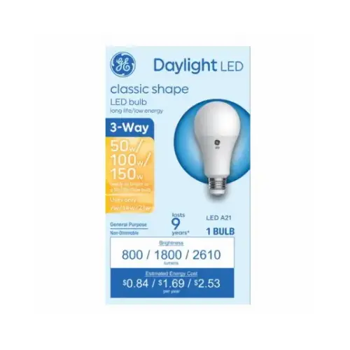 GE Lighting 93130569 LED Bulb, 3-Way, A21 Lamp, 50/100/150 W Equivalent, Medium Lamp Base, DayLight, 5000 K Color Temp