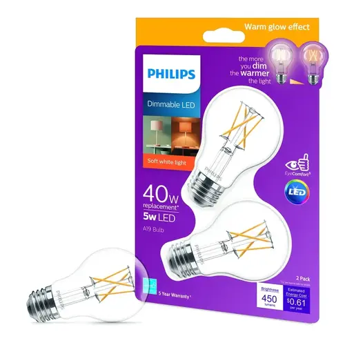 Philips 536524 LED Bulb A19 E26 (Medium) Soft White 40 Watt Equivalence Clear Pair