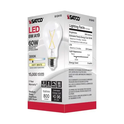 Satco S12415 Filament LED Bulb A19 E26 (Medium) Soft White 60 Watt Equivalence Clear