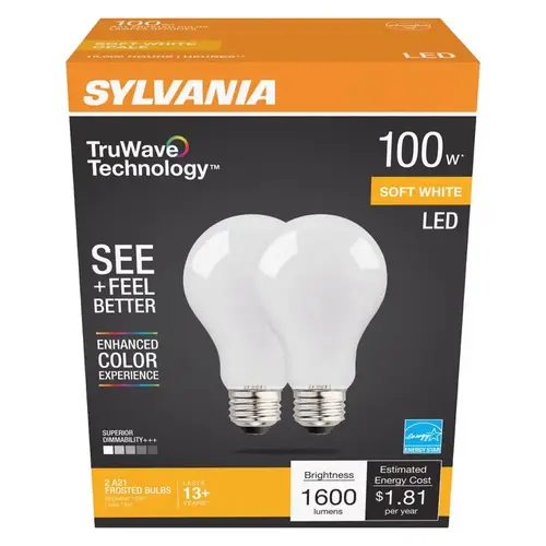 Sylvania 40752 Natural LED Bulb, General Purpose, A21 Lamp, 100 W Equivalent, E26 Lamp Base, Dimmable, Frosted Pair