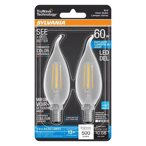 Sylvania 40759 Natural LED Bulb, Decorative, B10 Bent Tip Lamp, 60 W Equivalent, E12 Lamp Base, Dimmable, Clear Pair