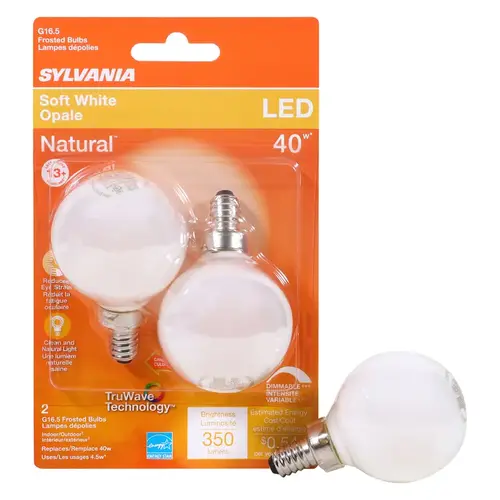 Sylvania 40797 Natural LED Bulb, Decorative, G16.5 Lamp, 40 W Equivalent, E12 Lamp Base, Dimmable, Frosted Pair