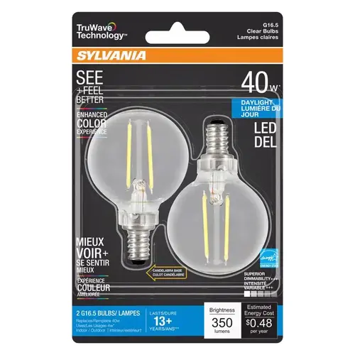 Sylvania 40849 Natural LED Bulb, Decorative, G16.5 Lamp, 40 W Equivalent, E12 Lamp Base, Dimmable, Clear, Daylight Light - pack of 2