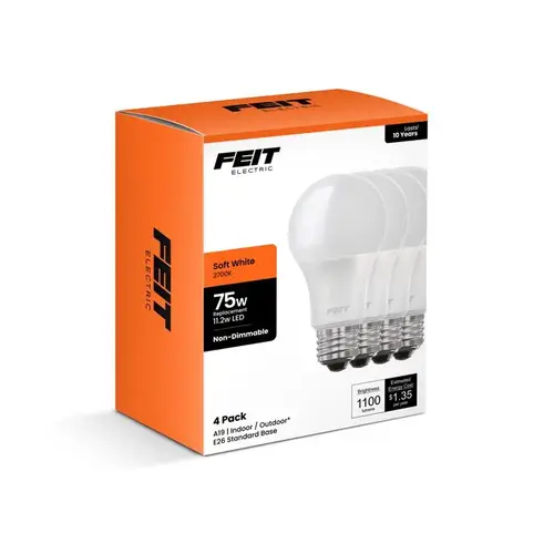 Feit A110082710KLED4 LED Bulb A19 E26 (Medium) Soft White 75 Watt Equivalence Soft White
