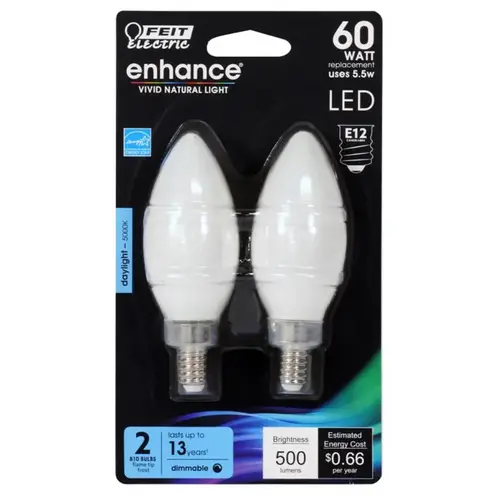 Feit Electric BPCTF60950CAFL2 Filament LED Bulb Enhance Blunt Tip E12 (Candelabra) Daylight 60 W Frosted Pair