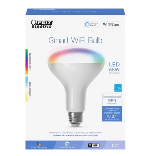 Feit Electric BR30/RGBW/CA/AG Smart Bulb, 8 W, Wi-Fi Connectivity: 2.4 GHz, Voice Control, Medium E26 Lamp Base Clear
