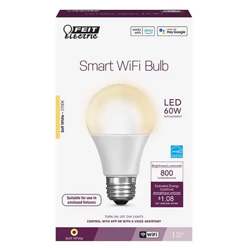 Feit Electric OM60/927CA/AG Smart Bulb, 9 W, Wi-Fi Connectivity: Yes, Voice Control, E26 Medium Lamp Base Frosted