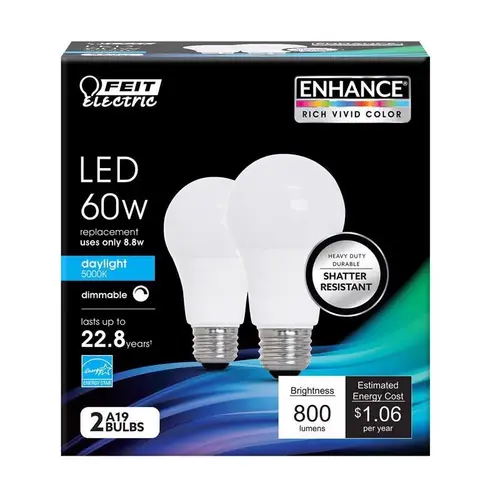 Feit Electric OM60DM/950CA/2 LED Bulb Enhance A19 E26 (Medium) Daylight 60 W Frosted Pair