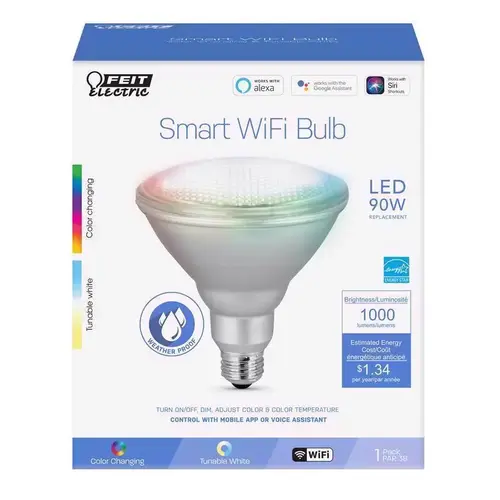 Feit Electric PAR38/RGBWCA/AG Smart Bulb, 11.1 W, Wi-Fi Connectivity: Yes, Voice Control, E26 Medium Lamp Base Clear
