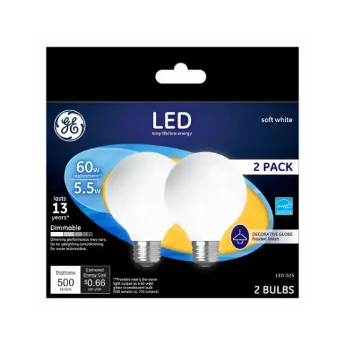 GE 25016 LED Bulb G25 E26 (Medium) Soft White 60 Watt Equivalence Frosted Pair
