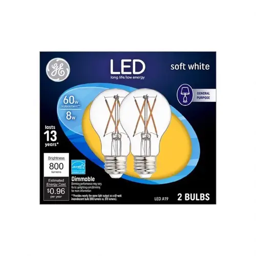 GE 93098656 LED Light Bulb A19 E26 (Medium) Soft White 60 Watt Equivalence Frosted Pair