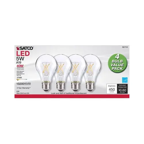 Satco S12460 Filament LED Bulb A19 E26 (Medium) Warm White 40 Watt Equivalence Clear