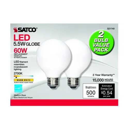 Satco S21247 LED Bulb G25 E26 (Medium) Warm White 60 Watt Equivalence White Pair